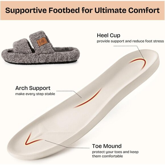 ⚡Women's Cool Gray Fuzzy Open Toe Slippers Soft Comfy Memory Foam House Shoes - Picture 3 of 8